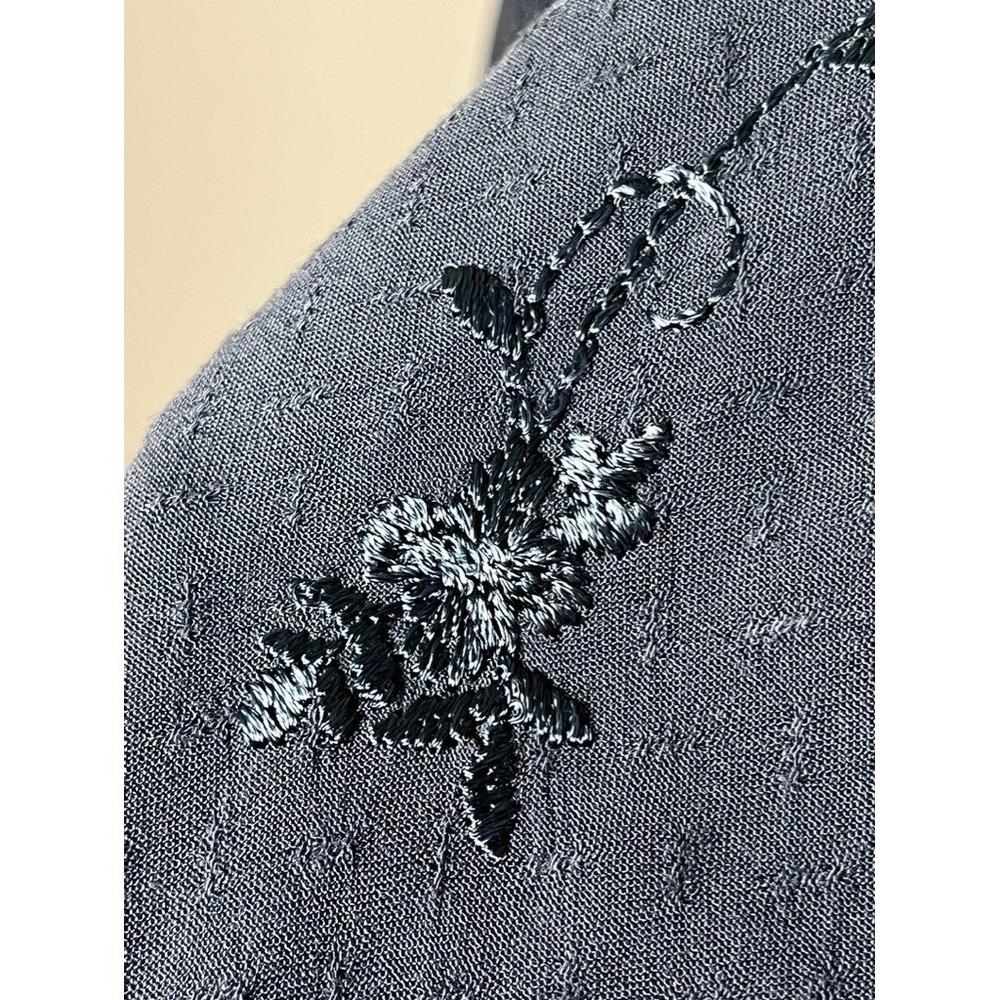 Neutral Floral Embroidery Shirt Blue 1X Boho Indie Folk Coastal Nautical Resort - Picture 4 of 10